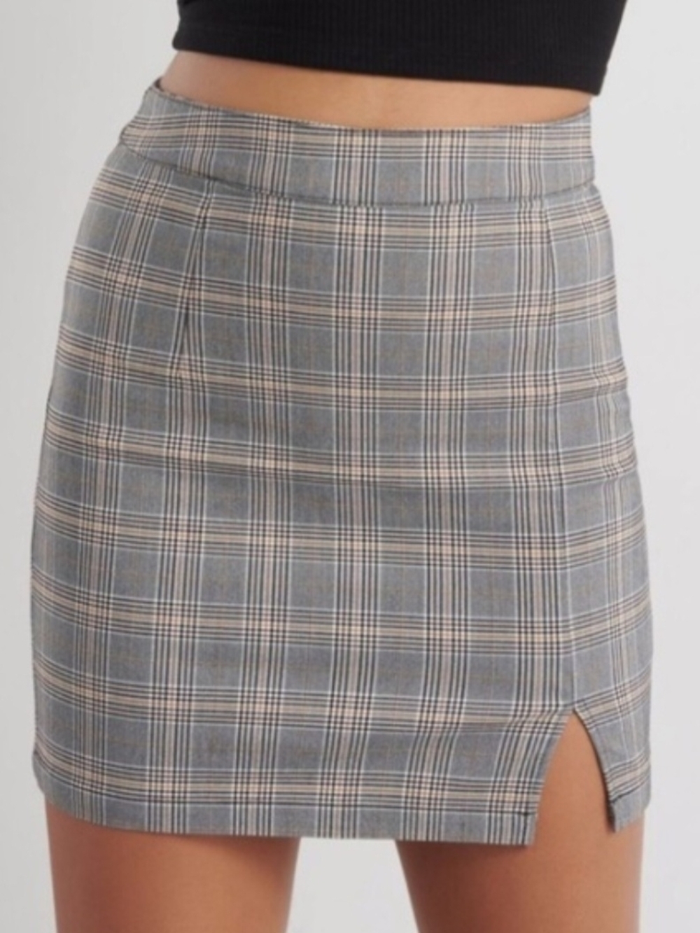 Garage Plaid Mini Skirt in Gray and Cream with Front Slit